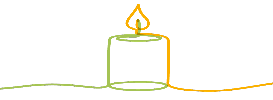 Eine als orange-grüne Bändergrafik illustrierte brennende Kerze.