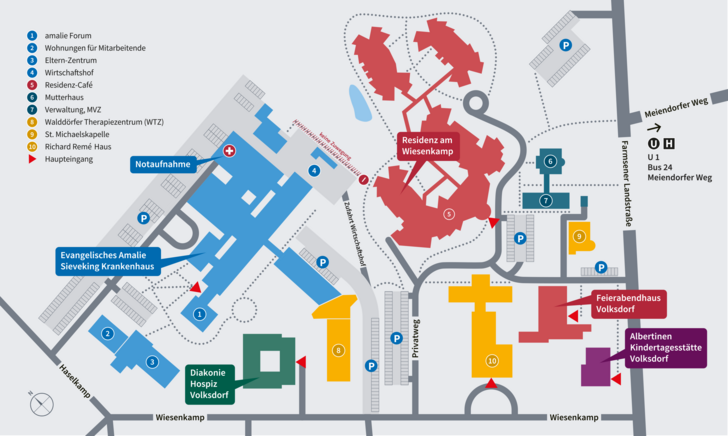 Lageplan - mit Wegen, Parkmöglichkeiten und Gebäuden auf dem Campus Volksdorf