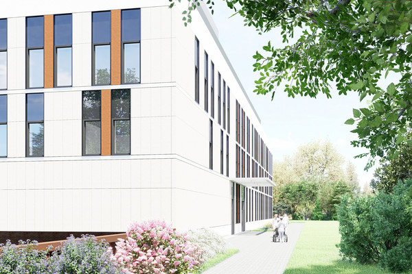 Grafische Darstellung des geplanten Neubaus mit Grün- und Blumenflächen und Bäumen am Evangelischen Amalie Sieveking Krankenhaus in Hamburg-Volksdorf.