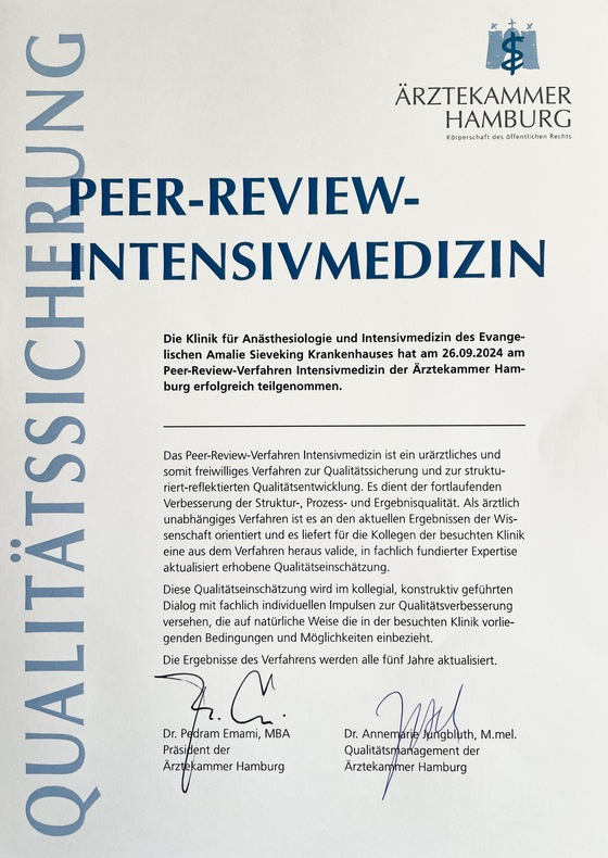 Zertifikat Peer Review Intensivmedizin, Qualitätssicherung erfolgreich bestanden, Auszeichnung, Evangelisches Amalie Sieveking Krankenhaus Hamburg-Volksdorf