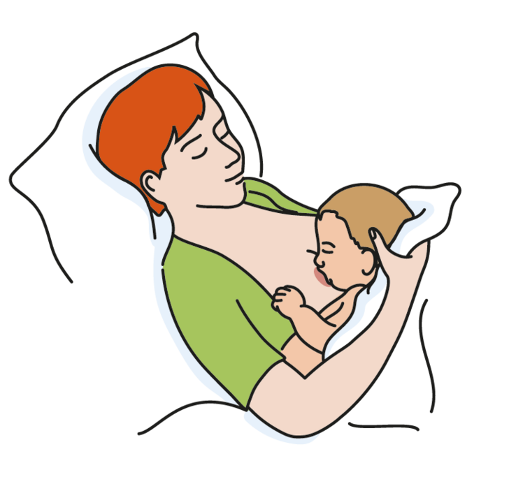 Illustration einer Mutter in halber Rückenlage beim Stillen ihres Babys an der Brust für das Still-ABC des Amalie Geburtszentrums im Amalie Sieveking Krankenhaus in Hamburg Illustration einer Mutter in halber Rückenlage beim Stillen ihres Babys an der Brust für das Still-ABC des Amalie Geburtszentrums im Amalie Sieveking Krankenhaus in Hamburg