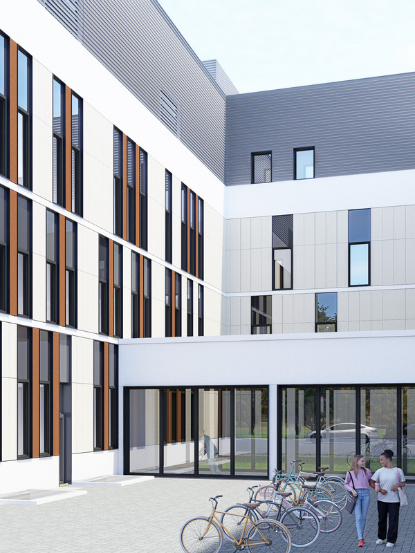 Grafische Darstellung der Außenfassade des geplanten Neubaus mit Blick auf einen Innenhof mit Fahrradständer am Evangelischen Amalie Sieveking Krankenhaus in Hamburg-Volksdorf.