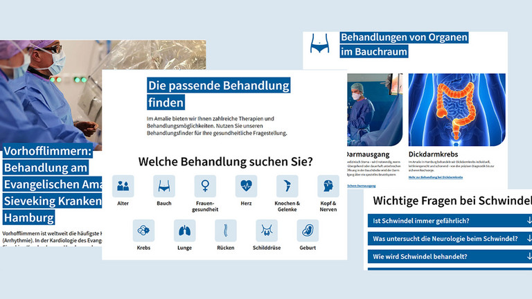 Collage aus verschiedenen Auschnitten von Modulen und Seiten zum neunen Qucikfinder für Behandlungen auf der Webseite des Evangelischen Amalie Sieveking Krankenhaus in Hamburg