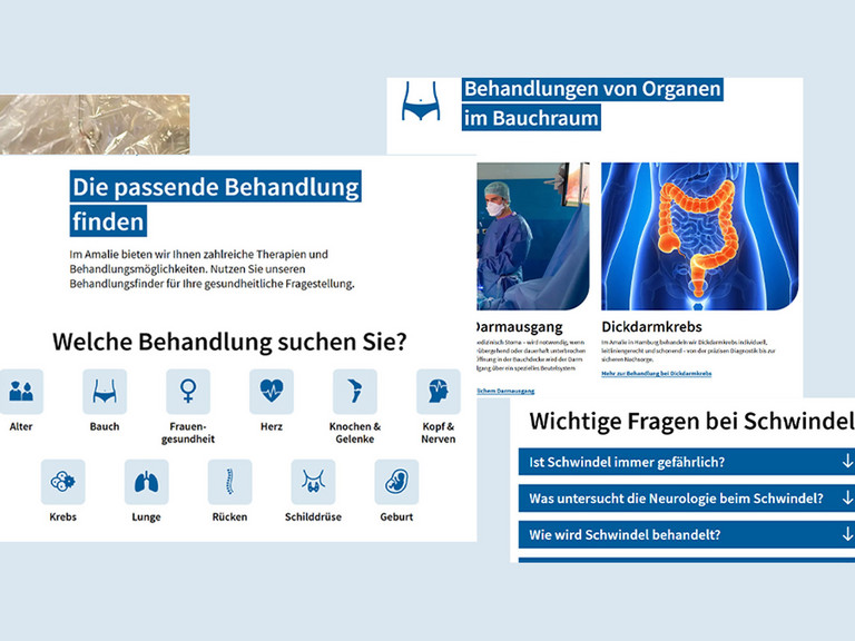 Collage aus verschiedenen Auschnitten von Modulen und Seiten zum neunen Qucikfinder für Behandlungen auf der Webseite des Evangelischen Amalie Sieveking Krankenhaus in Hamburg Collage aus verschiedenen Auschnitten von Modulen und Seiten zum neunen Qucikfinder für Behandlungen auf der Webseite des Evangelischen Amalie Sieveking Krankenhaus in Hamburg